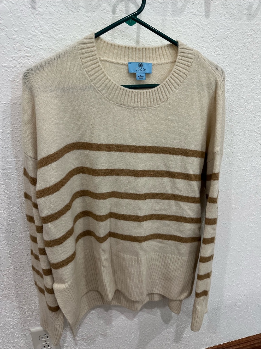 CeCe Cream and Brown Striped Crewneck Sweater - Men